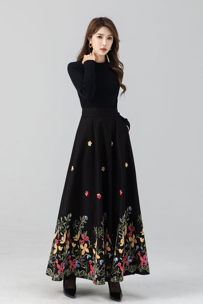 Classic Black Wool Maxi Skirt – Floral Embroidery Hem, A-Line – 5270
