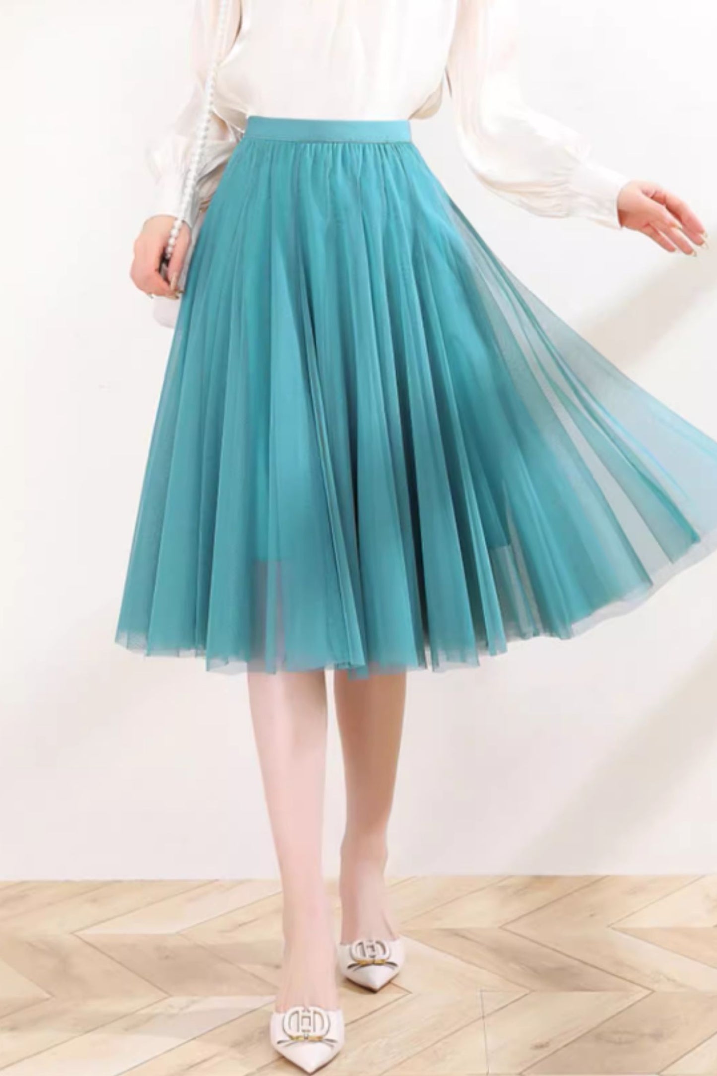Light blue Tulle Midi Skirt - A-Line Swing Silhouette 6130