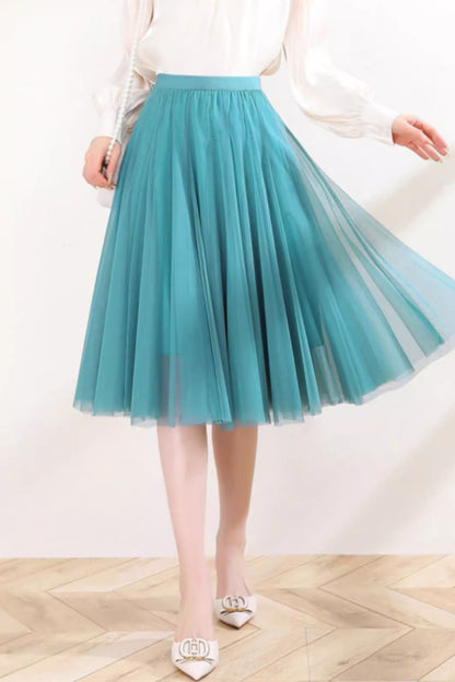 Light blue Tulle Midi Skirt - A-Line Swing Silhouette 6130