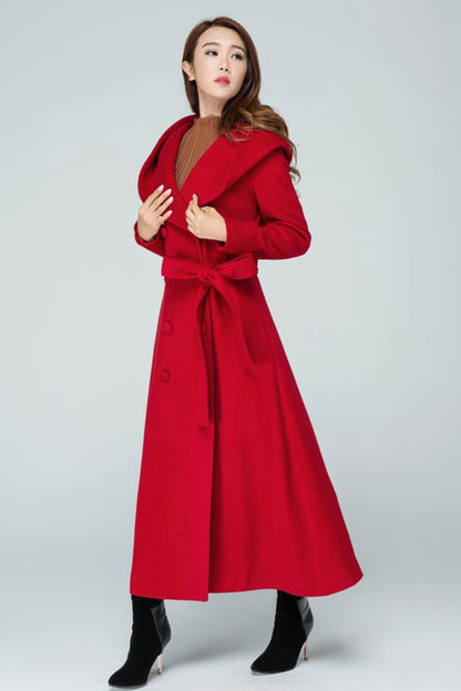 Red Wool Long Trench Coat - Hooded Double Breasted with Tie Belt 1602