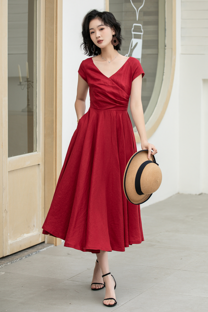 Red Linen Midi Dress - Fit and Flare A-Line with V-Neck 5831