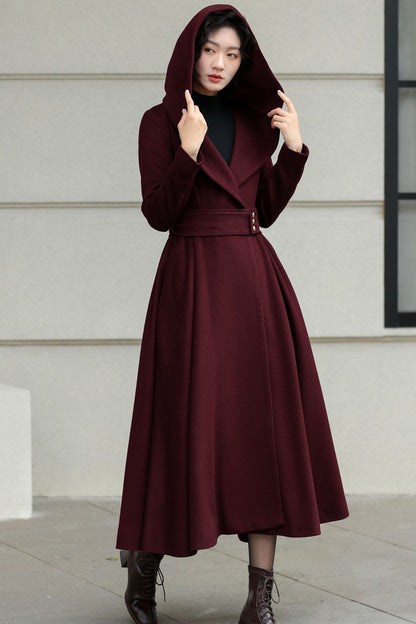 Burgundy Wool Long Coat - Hooded Oversize with Self Belt 6534