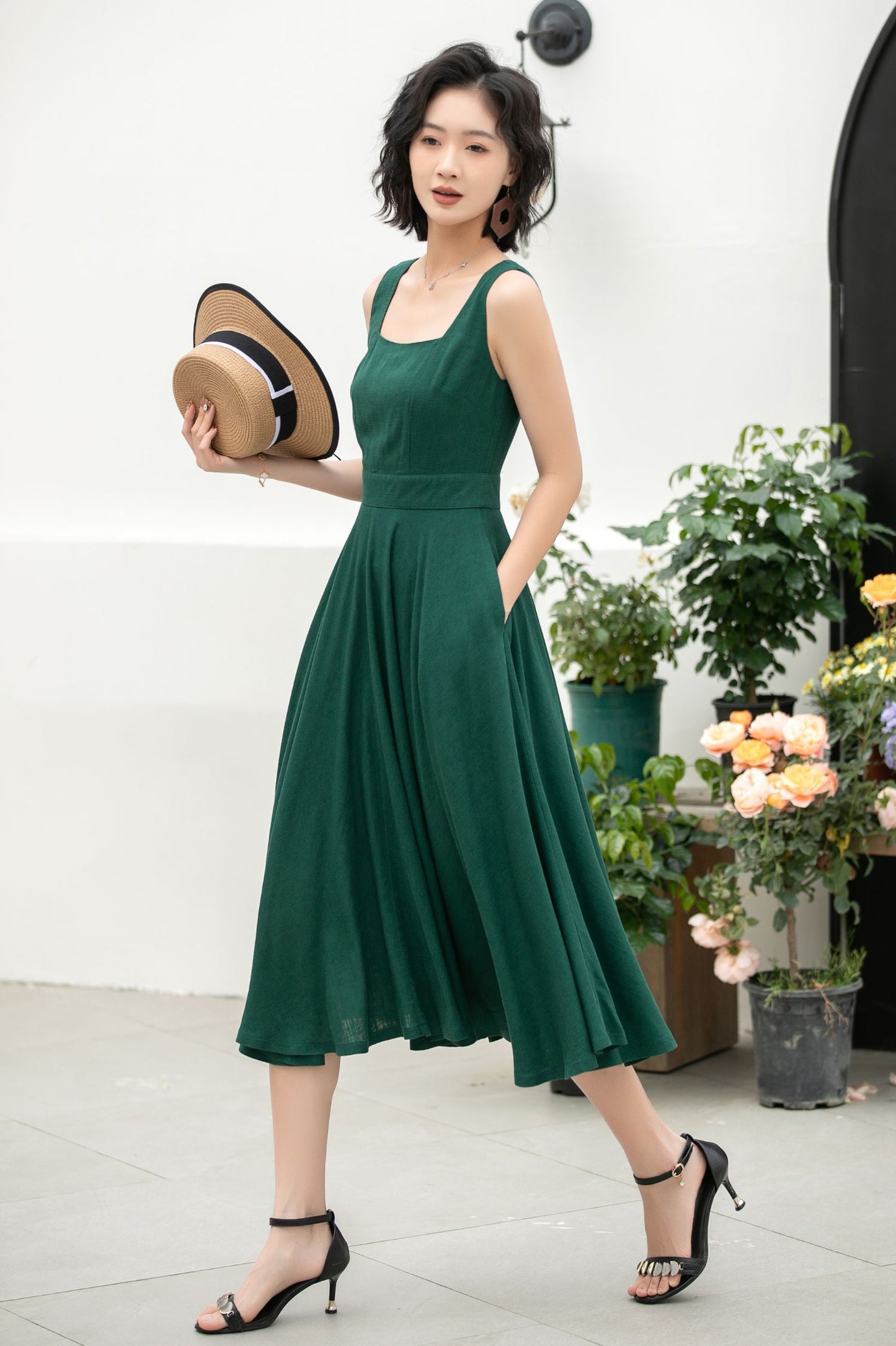 Stylish Deep Green A-Line Linen Suspender Dress with Square Neckline 5860