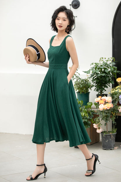 Green Linen Cotton Midi Dress - A-Line Square Neck Pockets | Xiaolizi 5860
