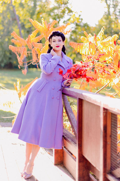 Purple Wool Long Coat - Double Breasted Fit and Flare Silhouette 3256