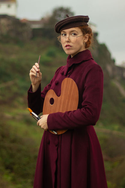 Handmade Burgundy Wool Coat – Vintage Scholar-Inspired Winter Overcoat 4813