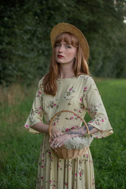 Beige Linen Maxi Dress - Vintage Floral Fit and Flared 3053