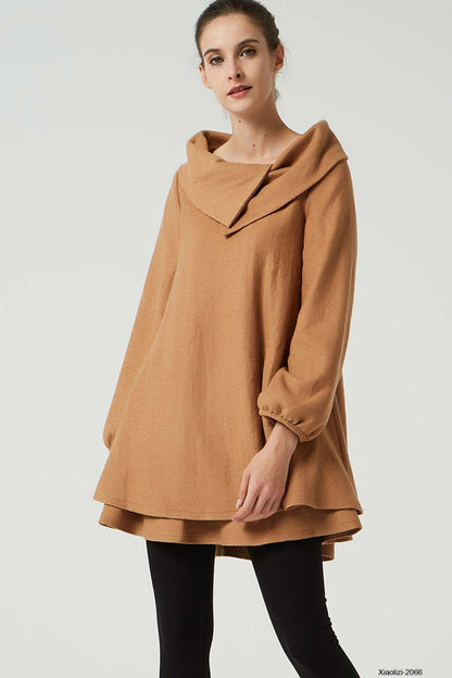 Vintage Wool Tunic Dress – Camel Brown with Asymmetrical Collar – 2066