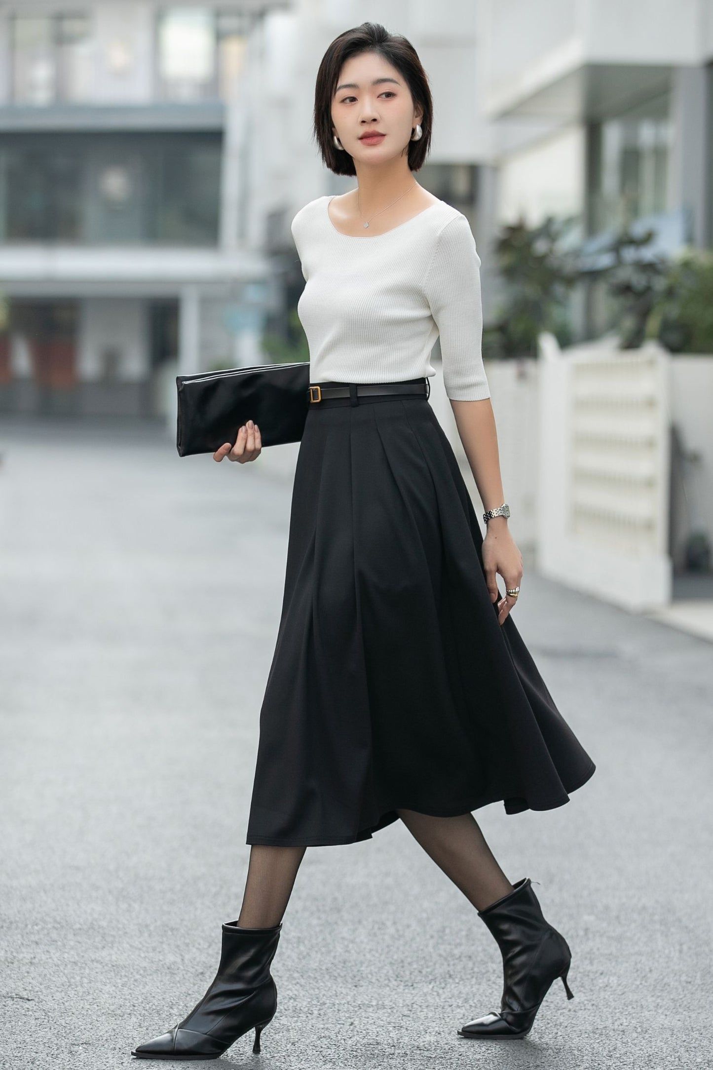 Handmade Black Pleated Midi Skirt – High Waist A-Line Office Skirt 6665 -size S #CK2600005