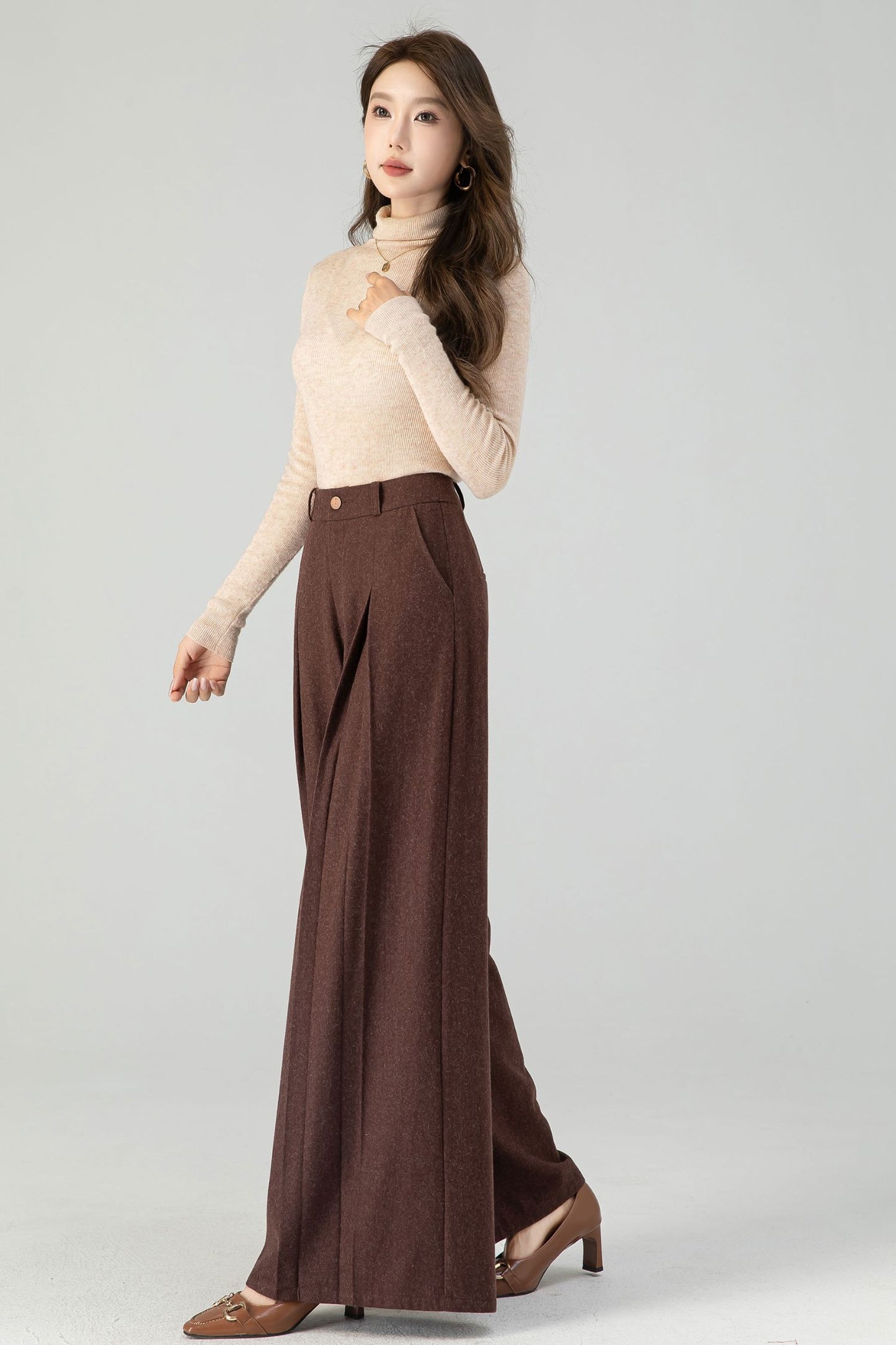 Brown wide leg long wool pants women 4554