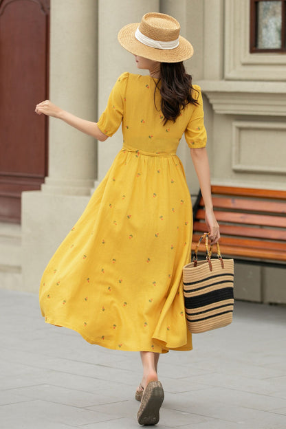 Yellow Cotton Linen Wrap Midi Dress - Floral Embroidery V-Neck | Xiaolizi 4947