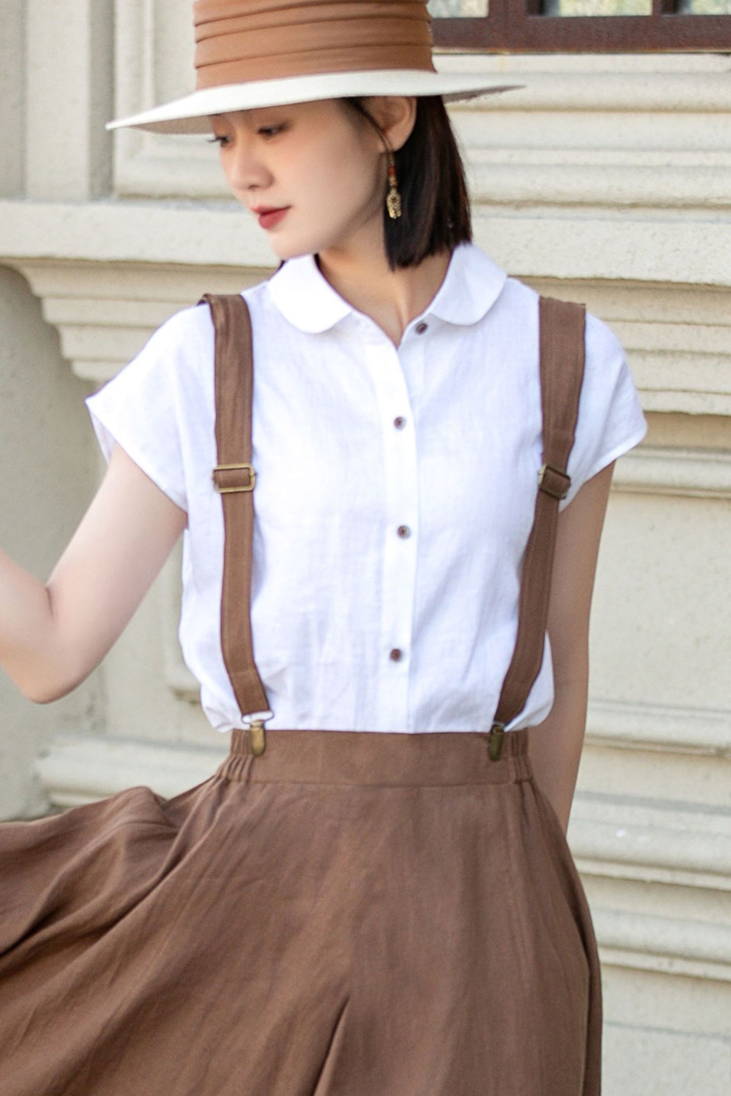 White button up linen shirt top 4921