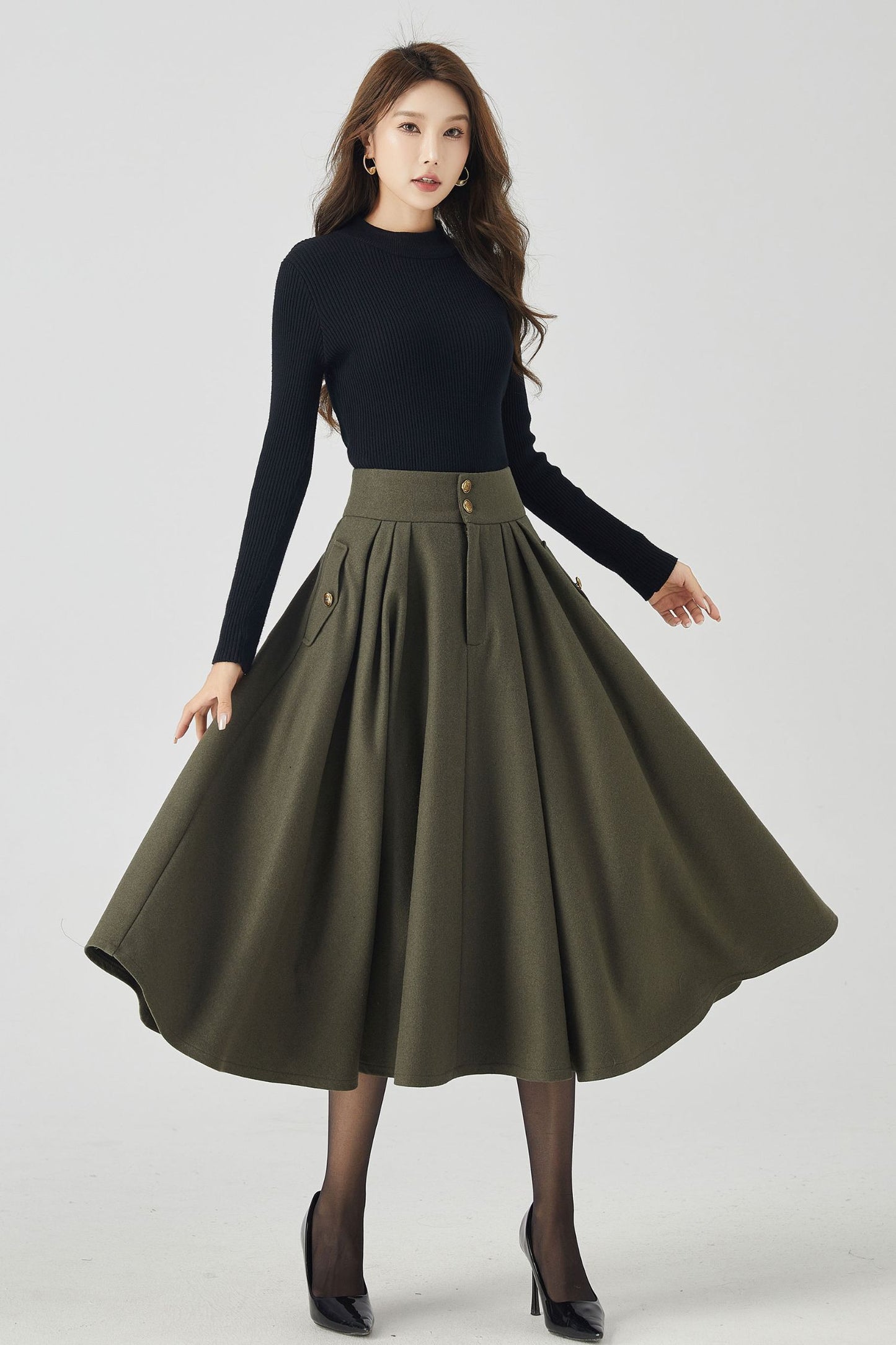 Army green swing winter wool skirt 4530