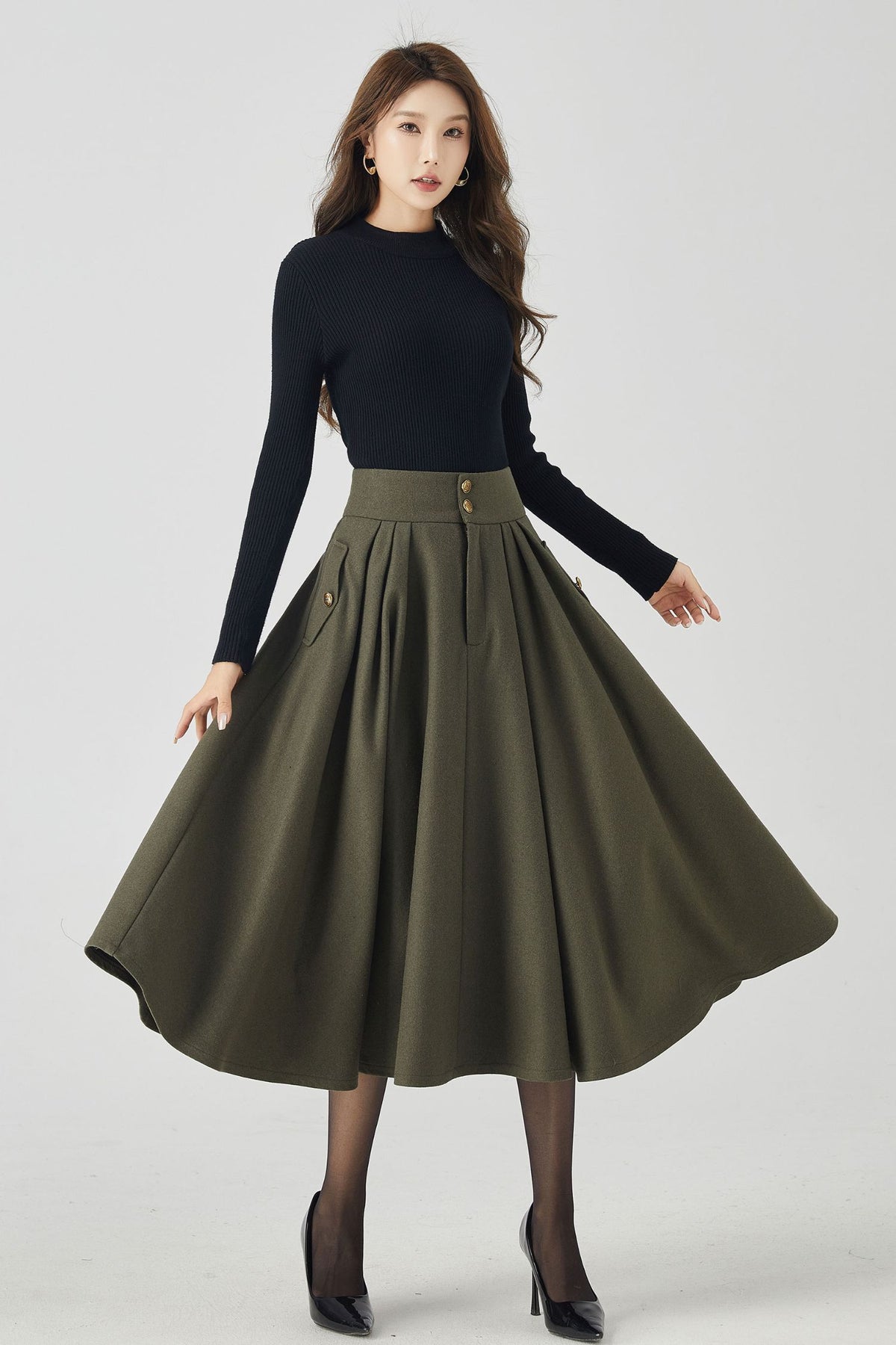 Army Green Wool Pleated Skirt - Elegant Below Knee Silhouette 