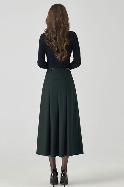 Dark Green Wool Midi Skirt – Vintage High Waist A-Line Winter Skirt with Pockets 4532