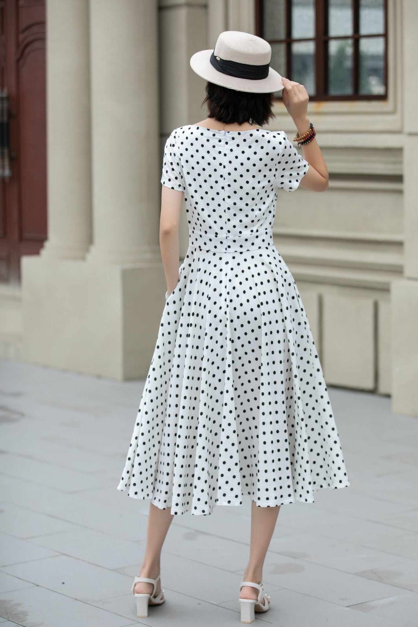 Black and white polka dot summer linen dress 5225