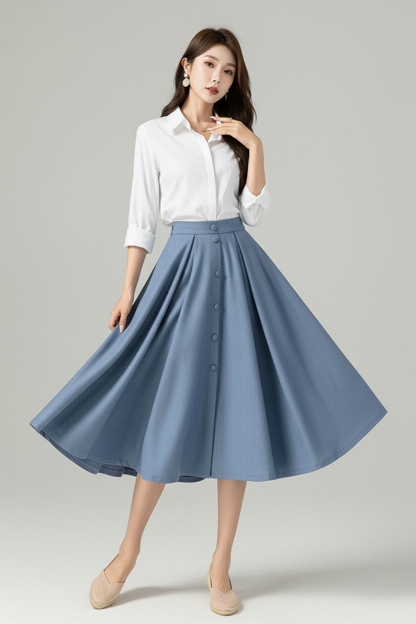 Blue Wool A-Line Midi Swing Skirt – High Waist Winter Skirt with Buttons 6566