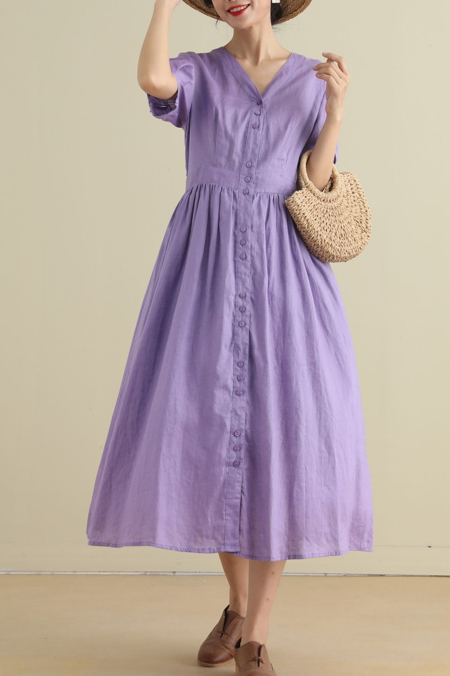 Button up purple midi linen dresses 2796