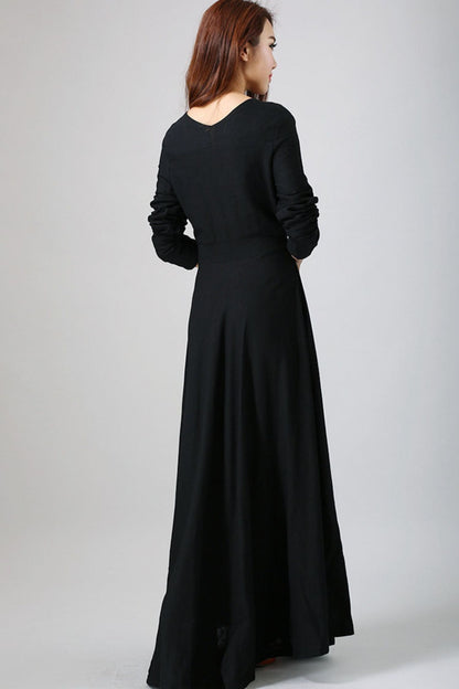 Black Linen Maxi Dress - Square Neckline Pleated Skirt 793