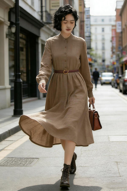 Timeless Beige Linen Midi Dress – Button Front with Stand Collar | Xiaolizi 6772