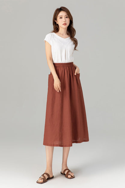 Rust Linen A-Line Midi Skirt - Elastic Waist with Pockets 4905