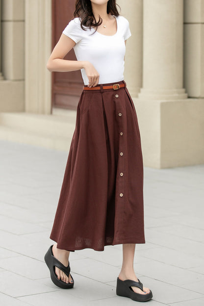 A line brown button front midi linen skirt 4949