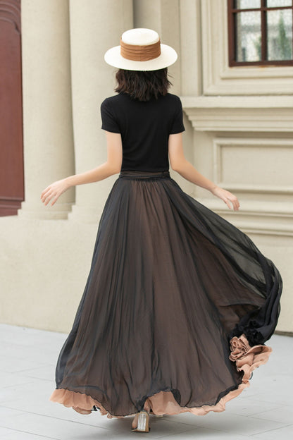 Black Chiffon Maxi Boho Skirt Women 5107