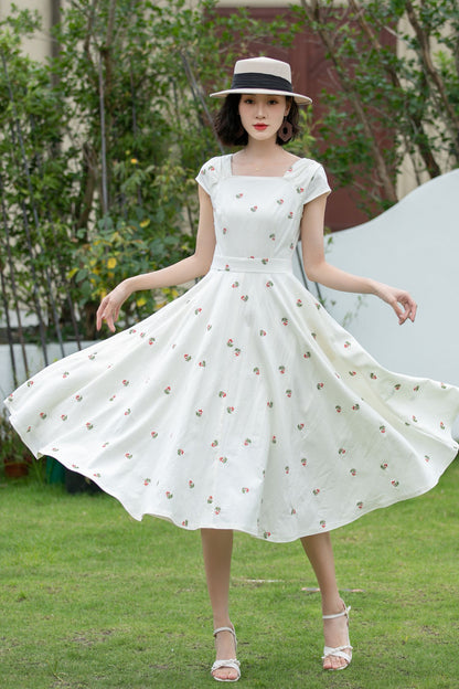 Fit and flare summer embroidered linen dress 5203