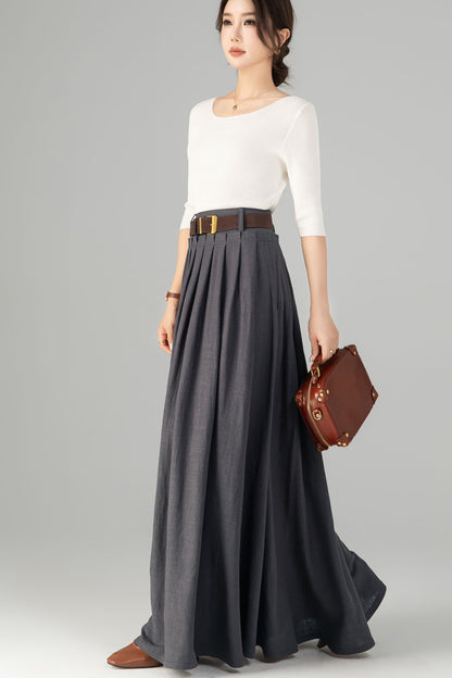 Dark Grey Linen Cotton Maxi Skirt - Pleated Waist with Side Pockets 5701