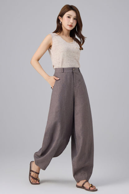 Charcoal Linen Pants - High Waist Lantern | Xiaolizi 6758