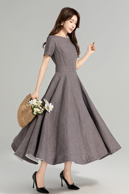 Cottagecore Linen Midi Dress with Pockets – Vintage Fit and Flare Summer Dress 4960