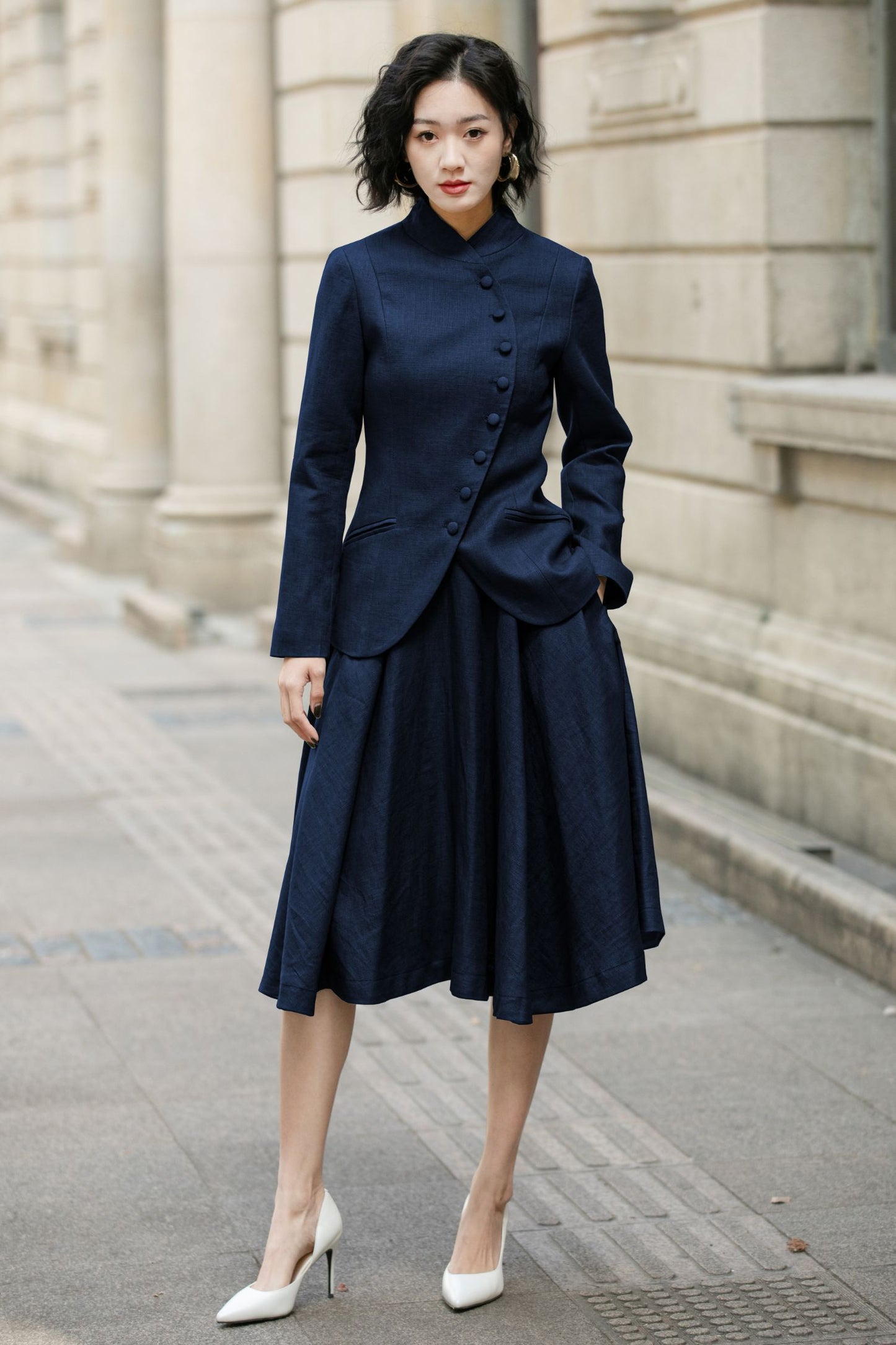 Navy Linen Midi Skirt - High Waist A-Line | Xiaolizi 6751