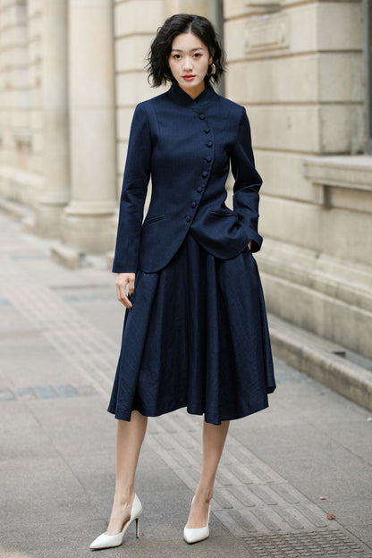 Navy Linen Midi Skirt - High Waist A-Line | Xiaolizi 6751