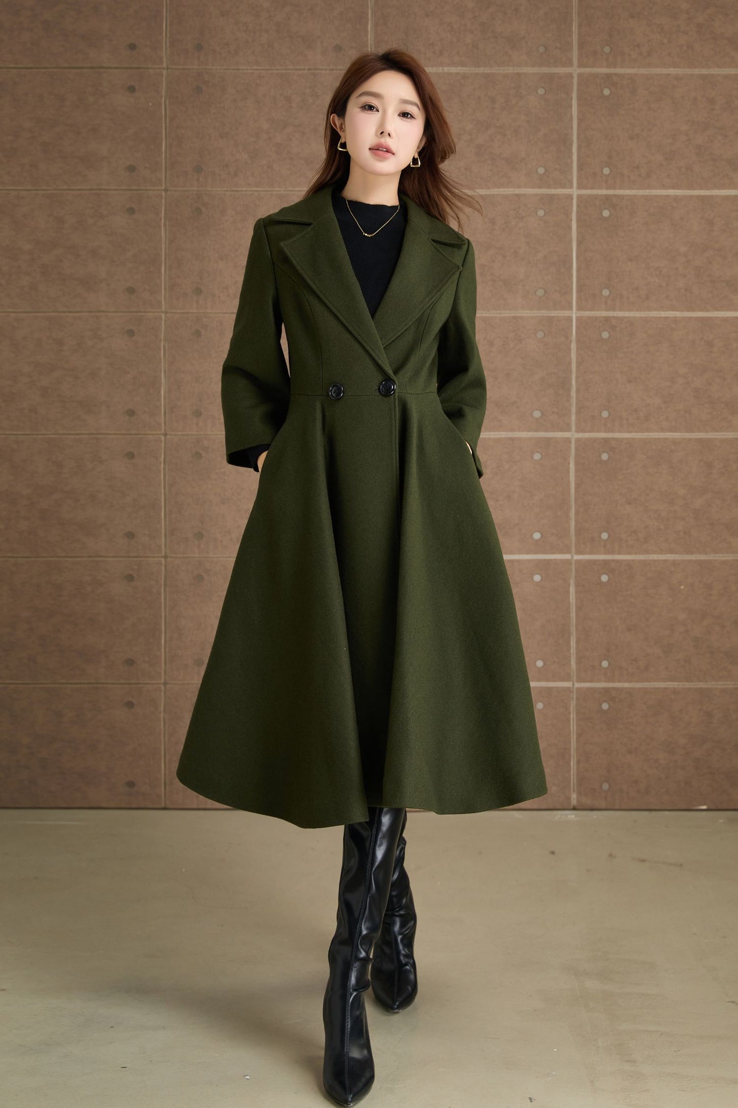 Green princess long winter wool coat 5364