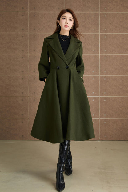 Green princess long winter wool coat 5364
