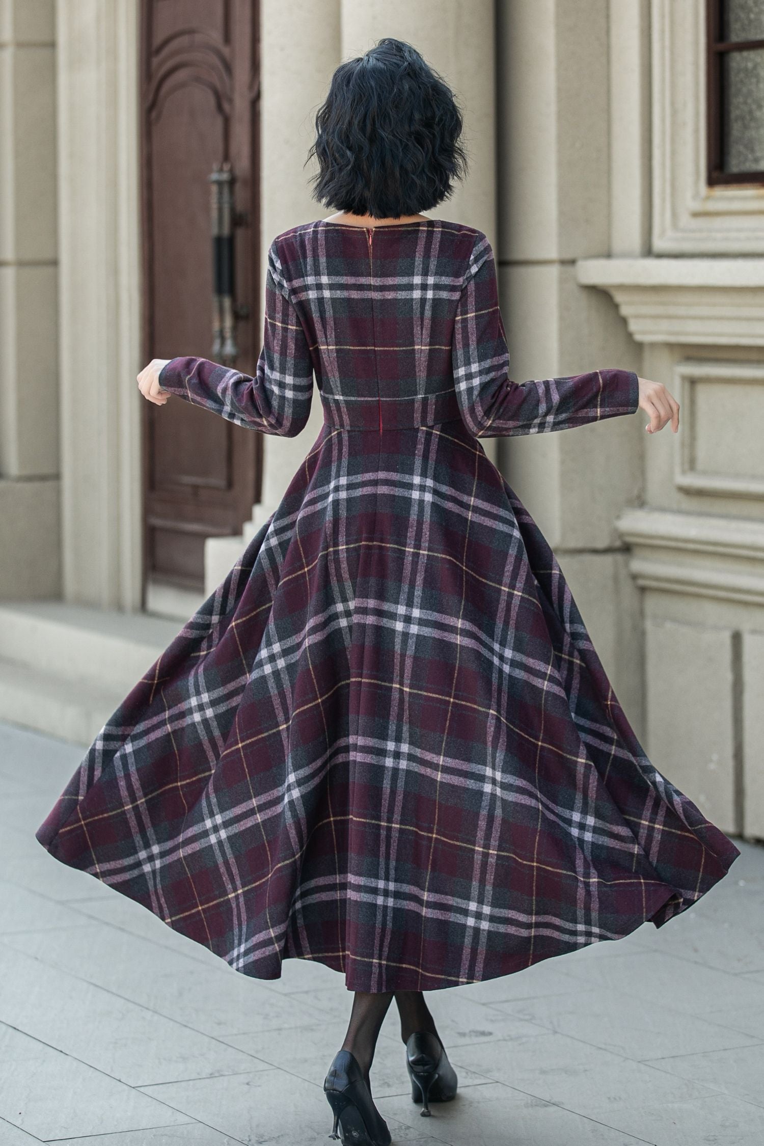 Wine Red Plaid Wool Midi Dress Handmade Long Sleeve | Xiaolizi 5308 Plaid / L Wine Red Plaid Wool Midi Dress Handmade Long Sleeve | Xiaolizi 5308 Plaid / L