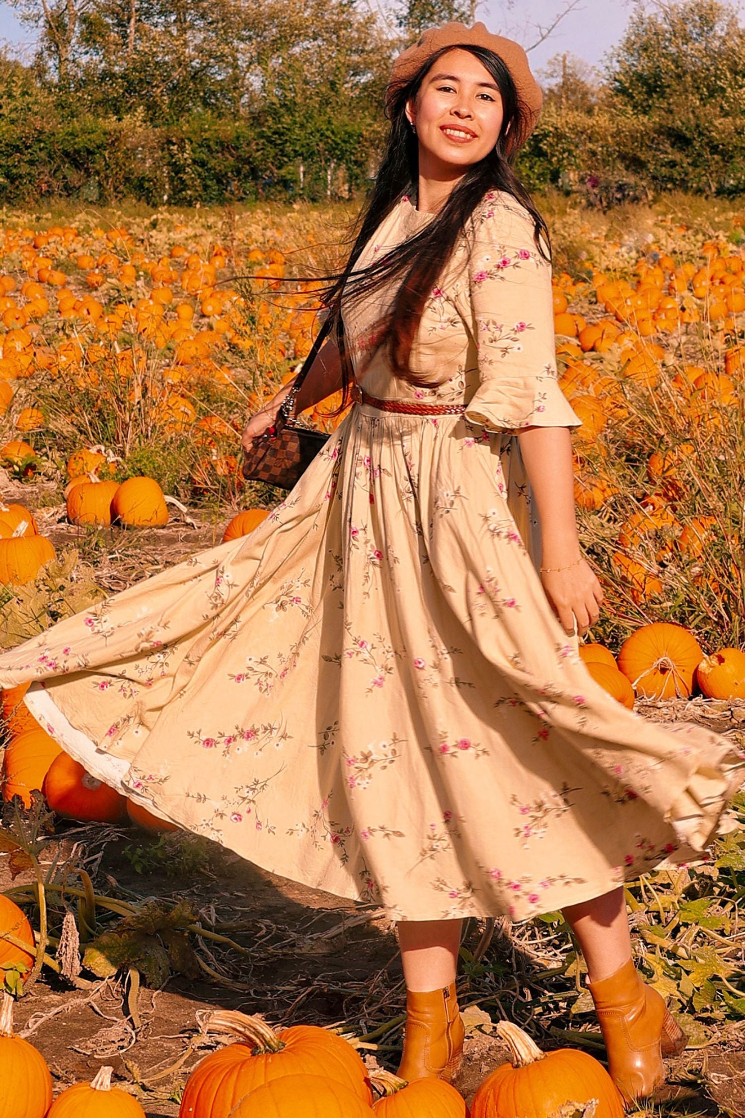 white christmas dresses Floral Linen Maxi Dress - Pleated Waist, Elbow Sleeves