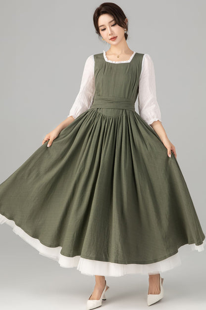 Army Green Linen Cotton Midi Dress - Square Neck Ruffle | Xiaolizi 5705