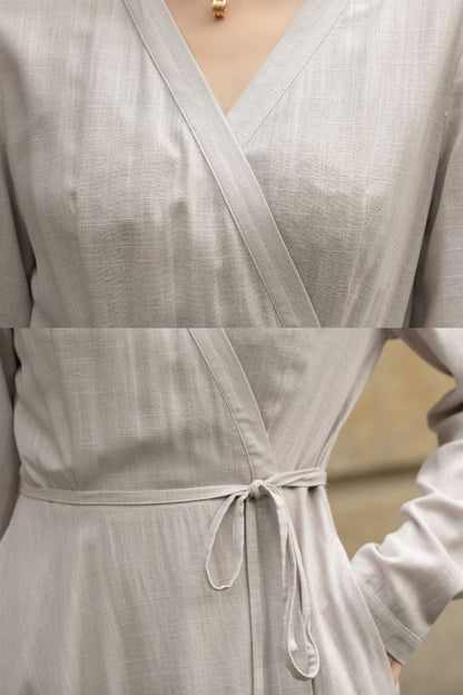 Gray Linen Dress - Wrap Style with Long Sleeves and Waist Tie 5672