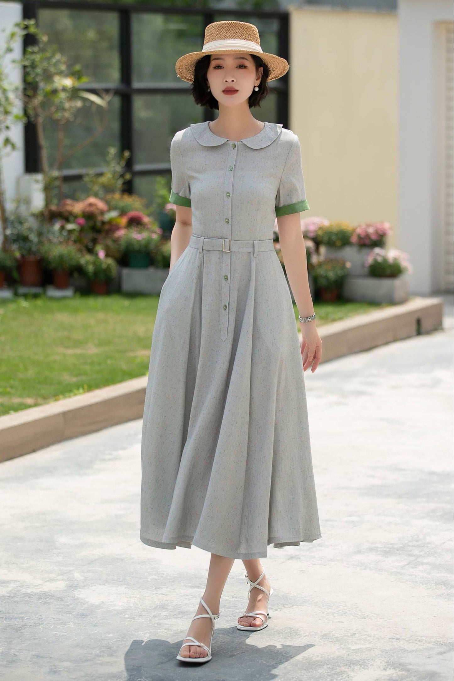 Grey midi Swing linen shirt Dress 5987 - S #CK2500324