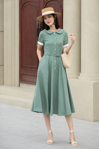 Green Linen Cotton Midi Dress – Vintage Belted Summer Shirt Dress 5148