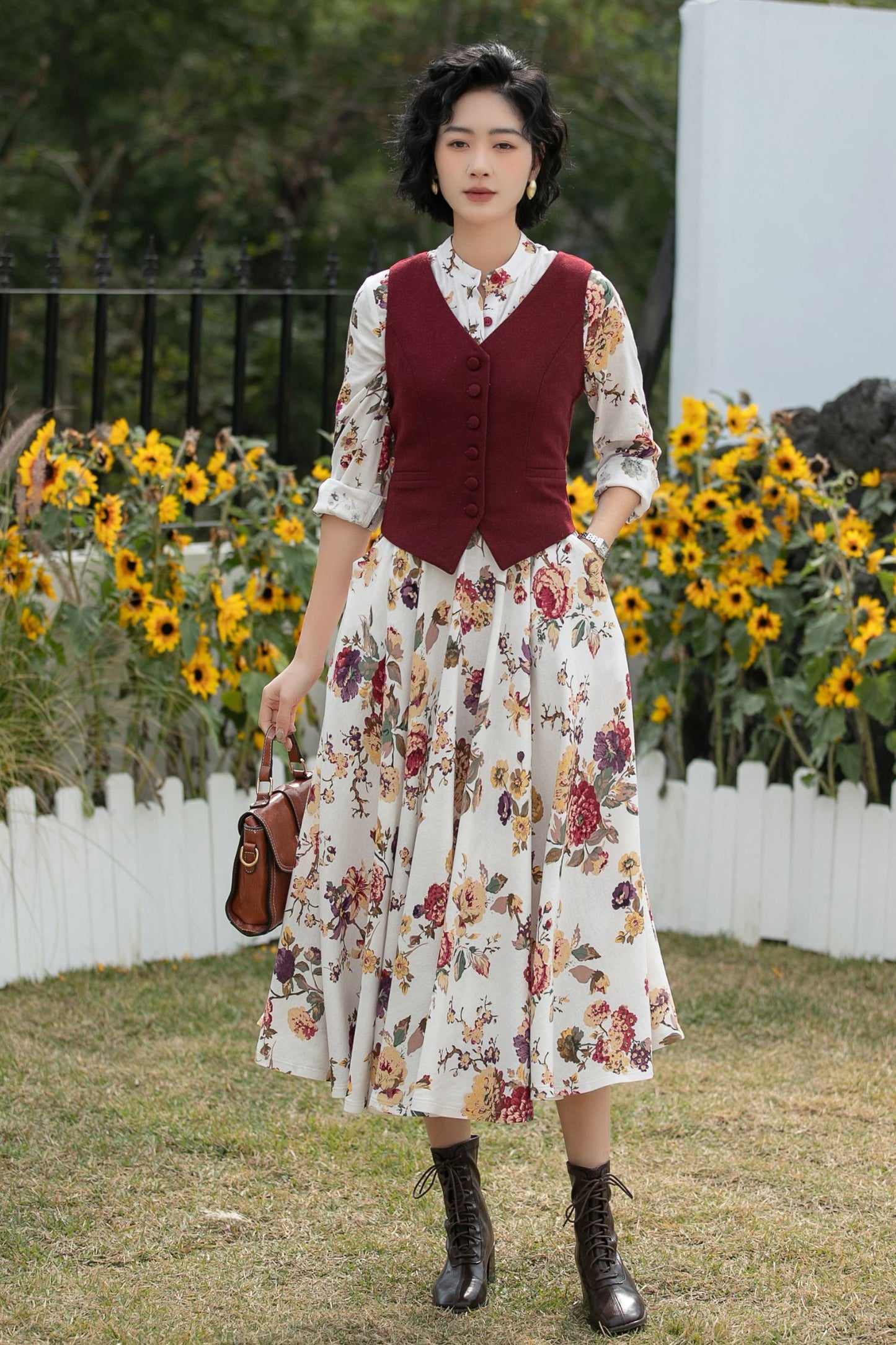 Xiaolizi Floral Linen Midi Dress – Vintage Mandarin Collar Shirt Dress 6691