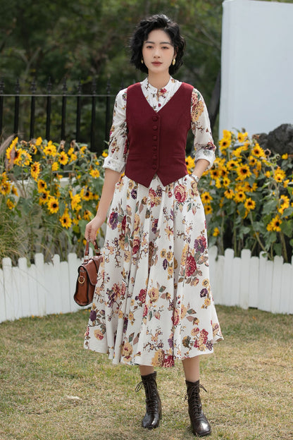 Xiaolizi Floral Linen Midi Dress – Vintage Mandarin Collar Shirt Dress 6691
