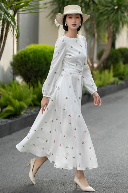 Handmade White Floral Linen Midi Dress – Vintage A-Line Long Sleeve Dress 6661