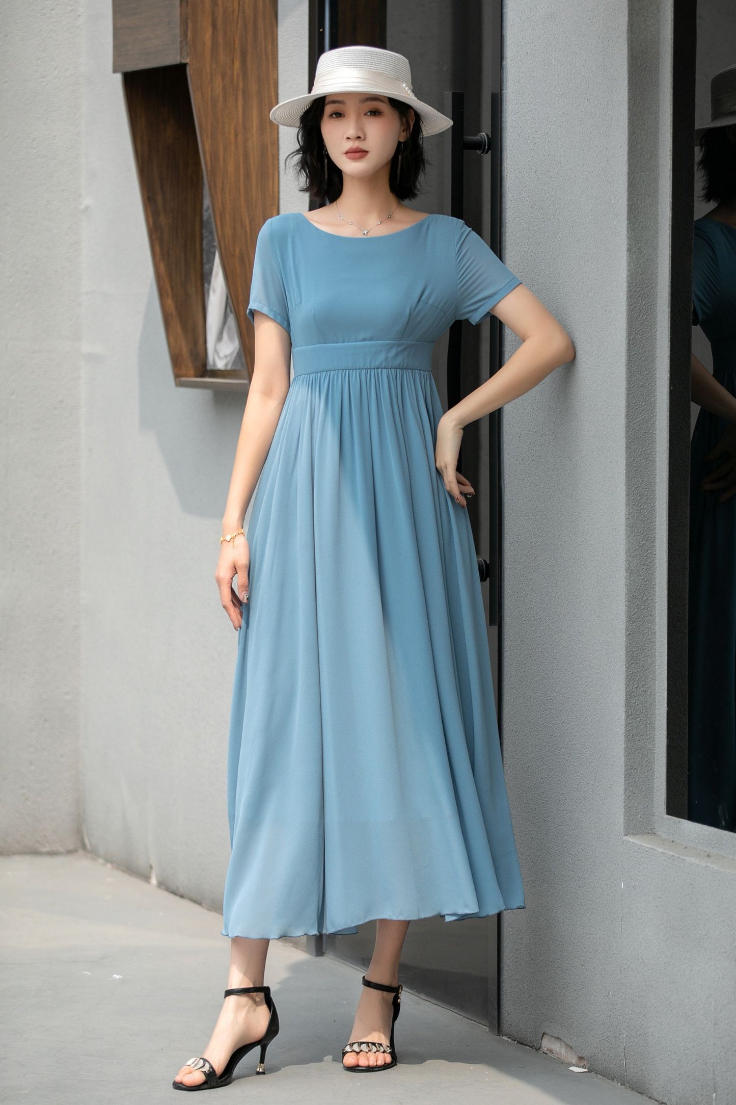 Hight waist Blue chiffon maxi dress 5862