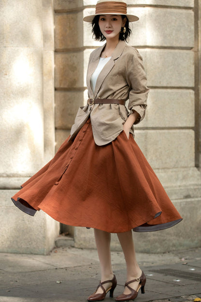 Handmade Linen Midi Skirt – Rust Brown Button Front Swing Skirt | Xiaolizi 5689