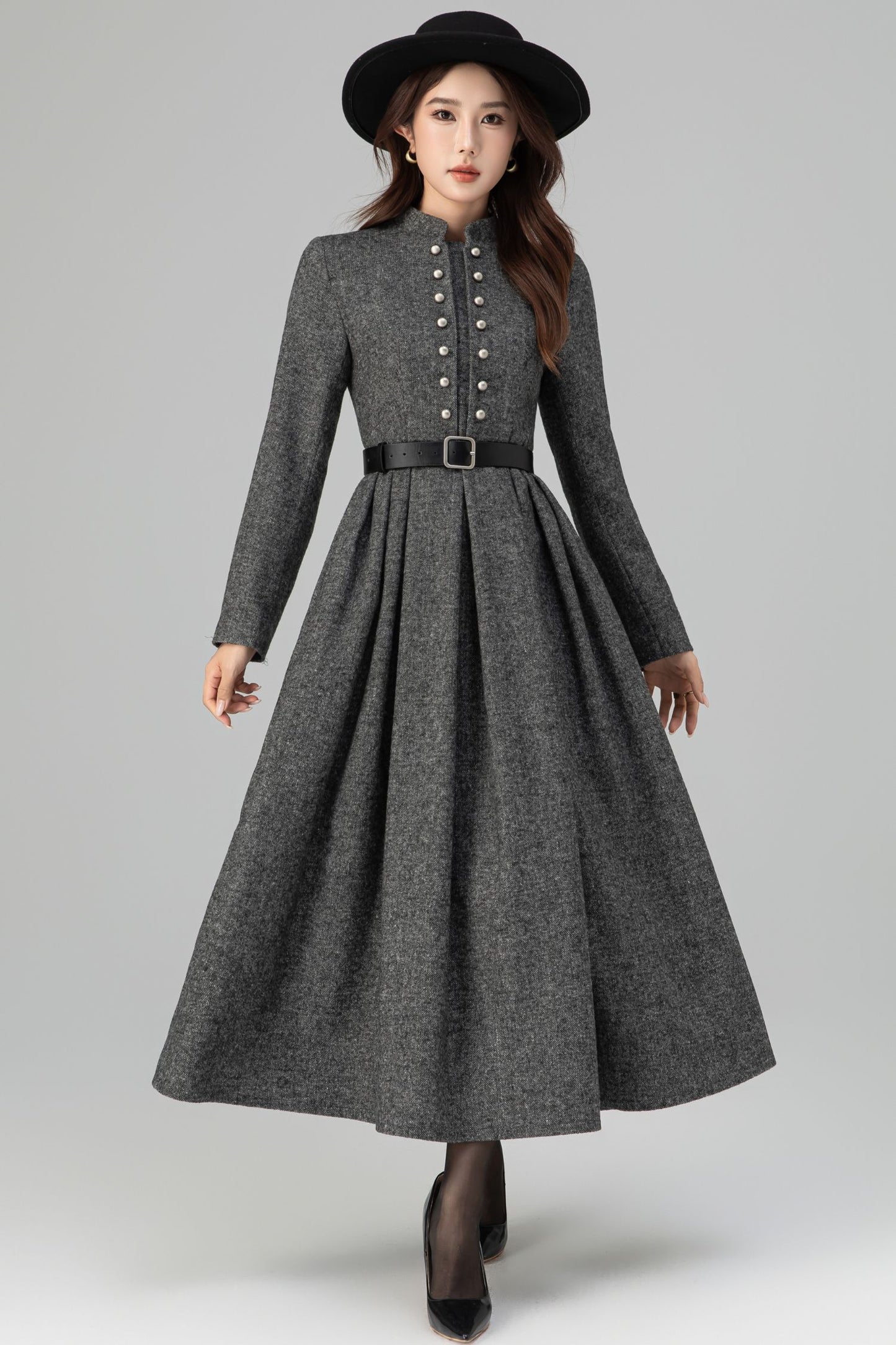 Long Sleeve Pleated Swing Wool Dress 6389