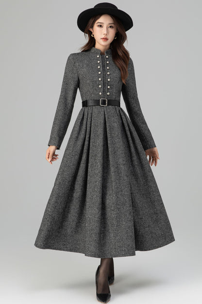 Long Sleeve Pleated Swing Wool Dress 6389