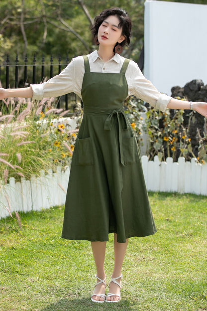 Olive Linen Cotton Pinafore Dress - Midi Fit Flare | Xiaolizi 6745
