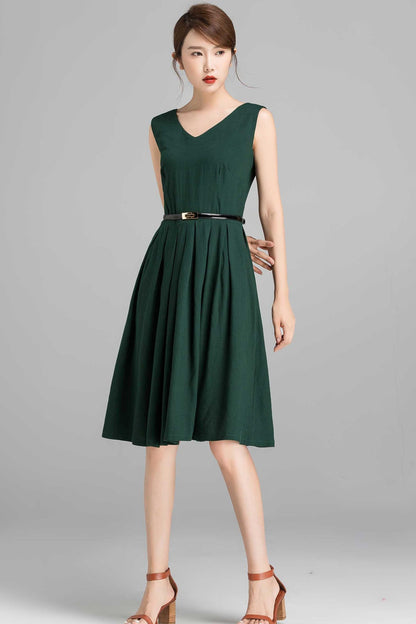 Sleeveless knee length green linen dress 2357
